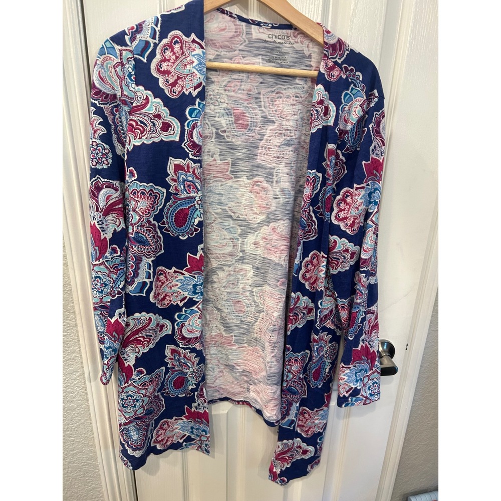 Chico's Cardigan Blue Paisley Cotton Modal Ultimate Tee Open Front Layering Wrap
